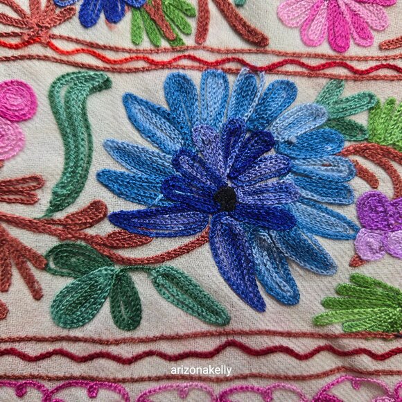 Wool Scarf With Colorful Chain Stitch Embroidery Flowers Vines - Picture 11 of 16